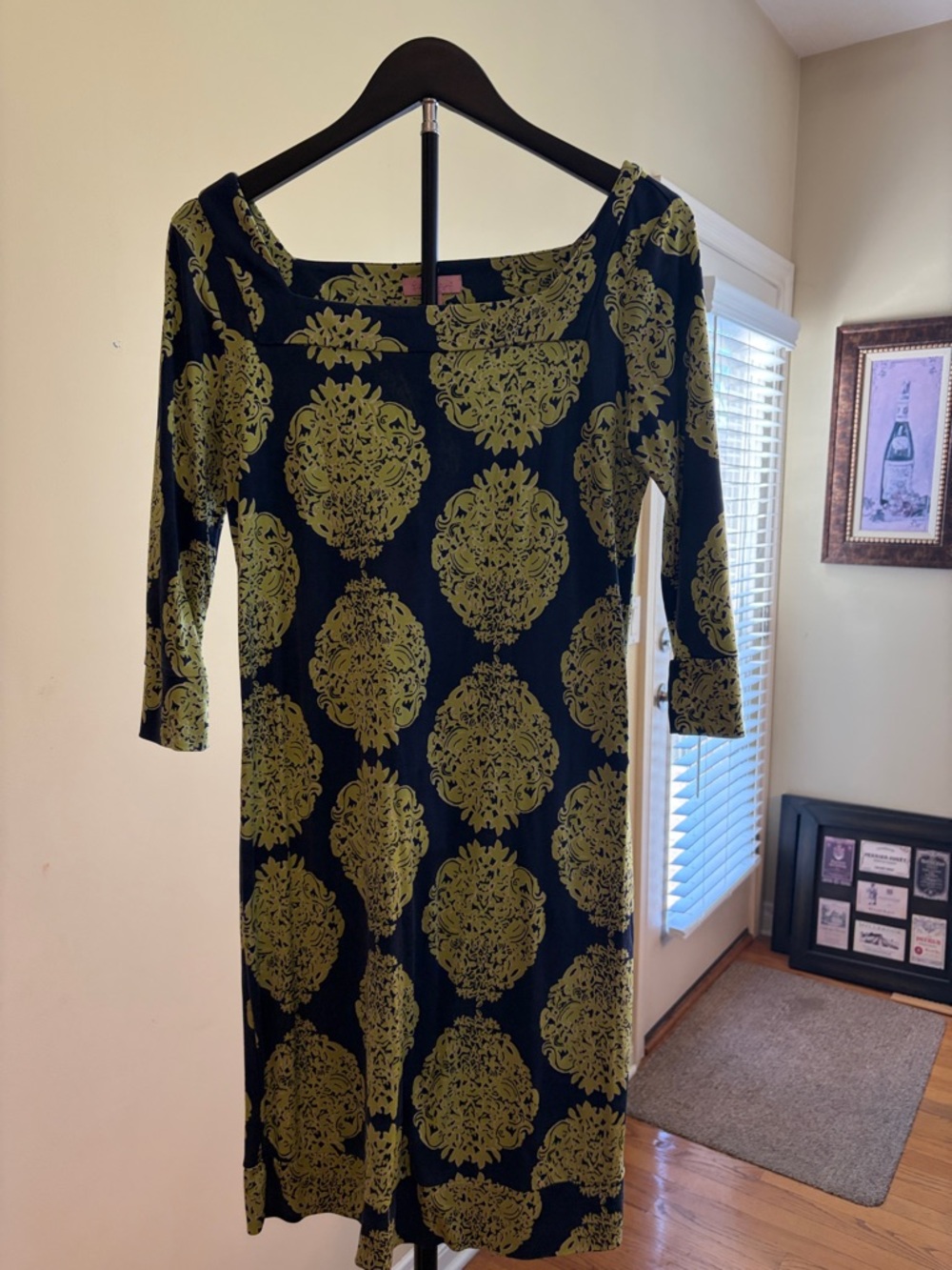 Lilly Pulitzer Navy Dress with Olive Green Damask Print